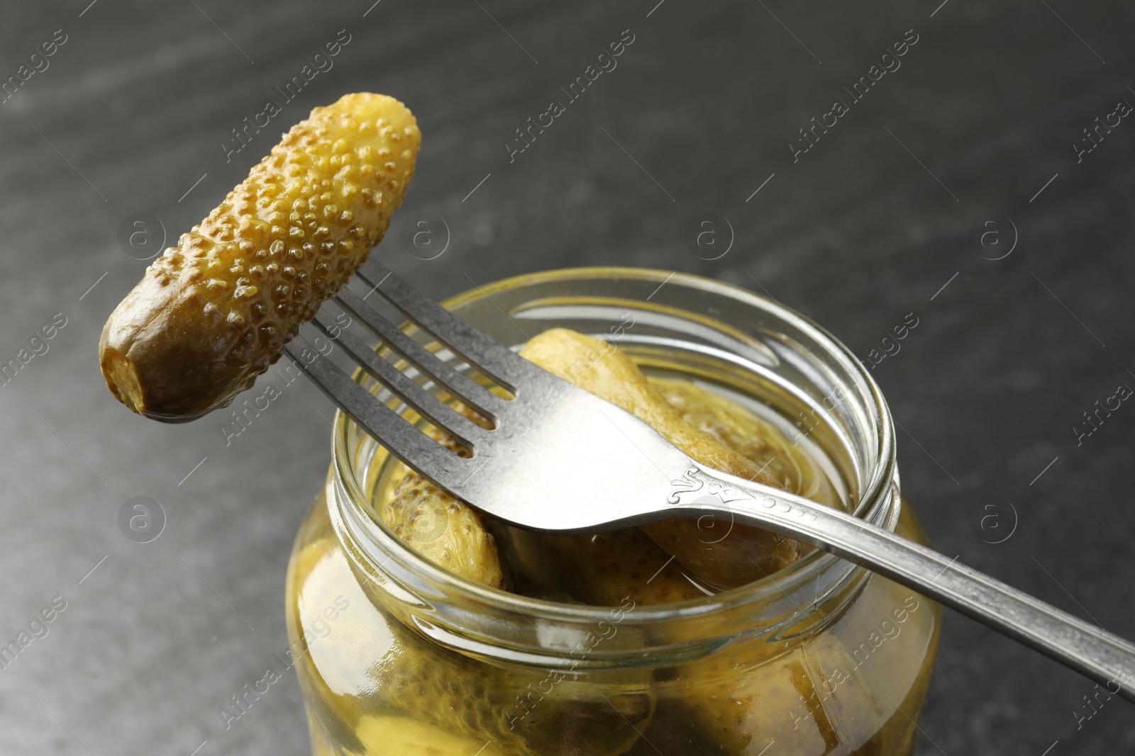 Photo of Fork with pickled cucumber on jar against grey background, closeup