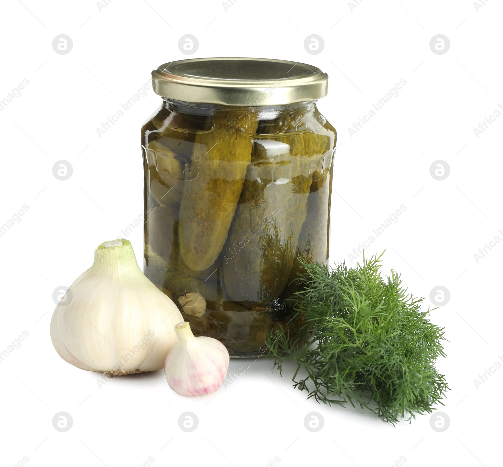 Photo of Pickled cucumbers in jar, garlic and dill isolated on white