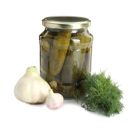 Photo of Pickled cucumbers in jar, garlic and dill isolated on white