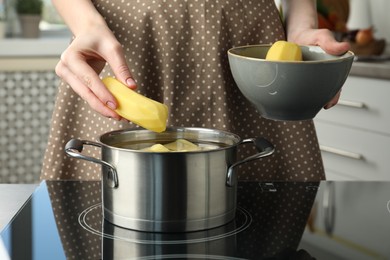 Woman putting potato into saucepan on stove, closeup