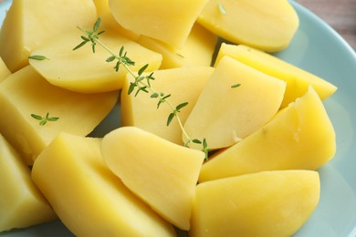 Boiled potatoes and microgreens on plate, closeup