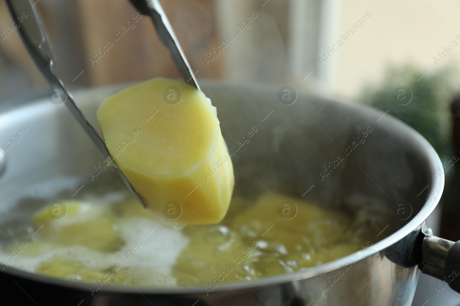 Photo of Taking boiled potato from pot on stove, closeup