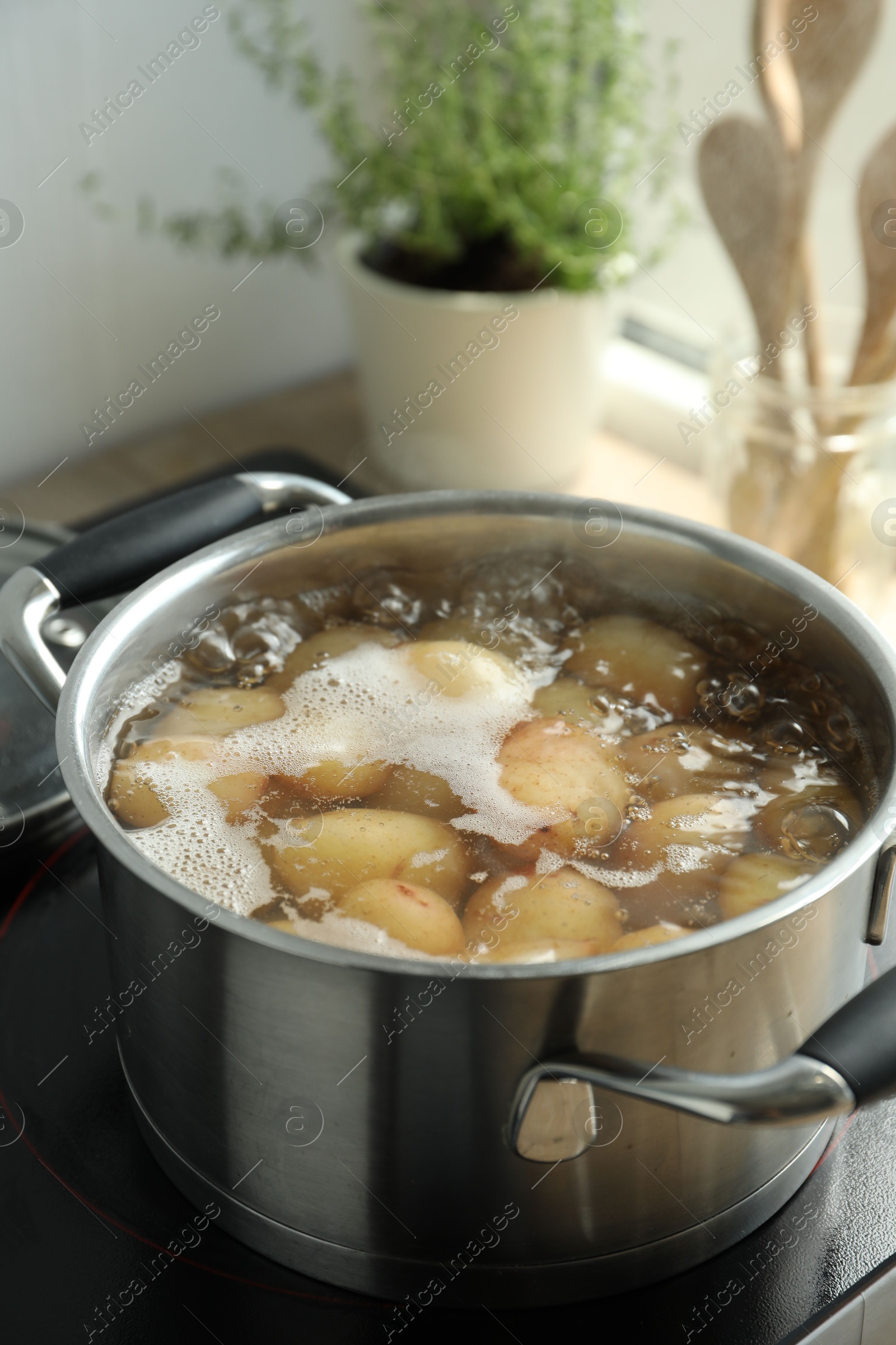 Photo of Boiling potatoes in pot on stove in kitchen