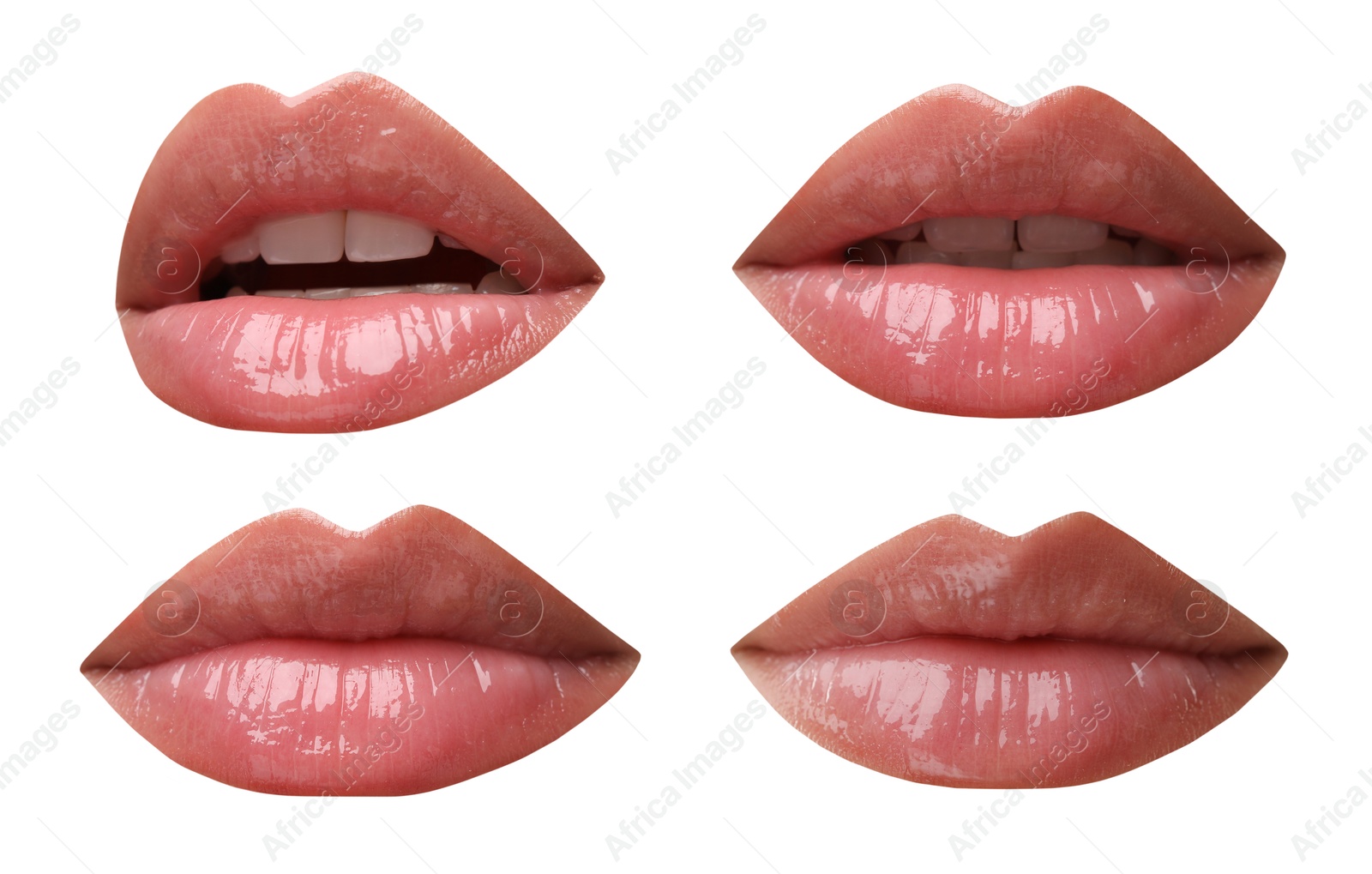 Image of Beautiful female lips with bright makeup on white background, collage of photos