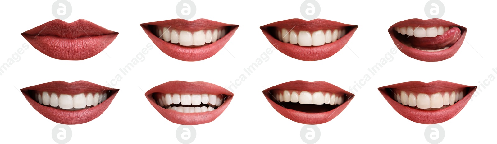 Image of Beautiful female lips with bright makeup on white background, collage of photos