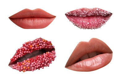 Beautiful female lips with bright makeup on white background, collage of photos