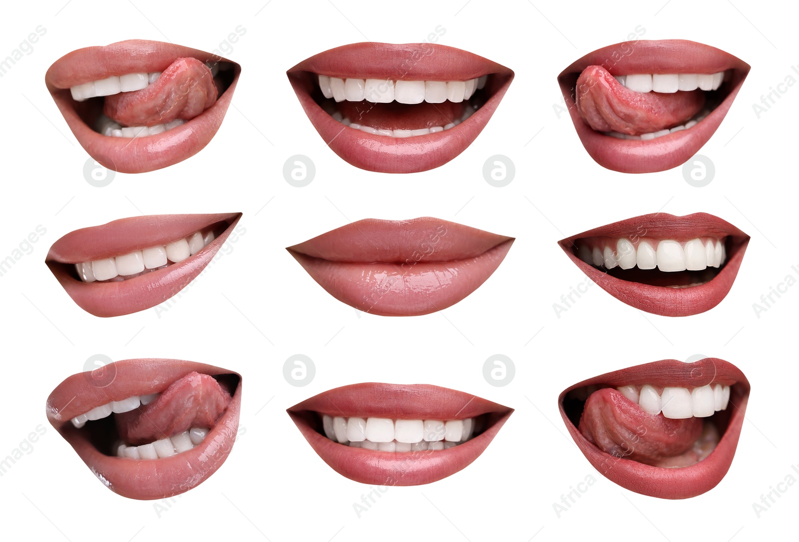 Image of Beautiful female lips with bright makeup on white background, collage of photos