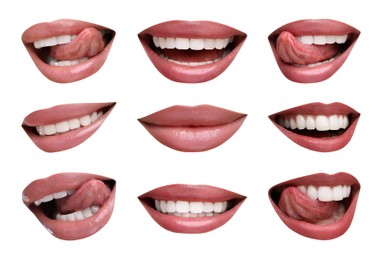 Beautiful female lips with bright makeup on white background, collage of photos