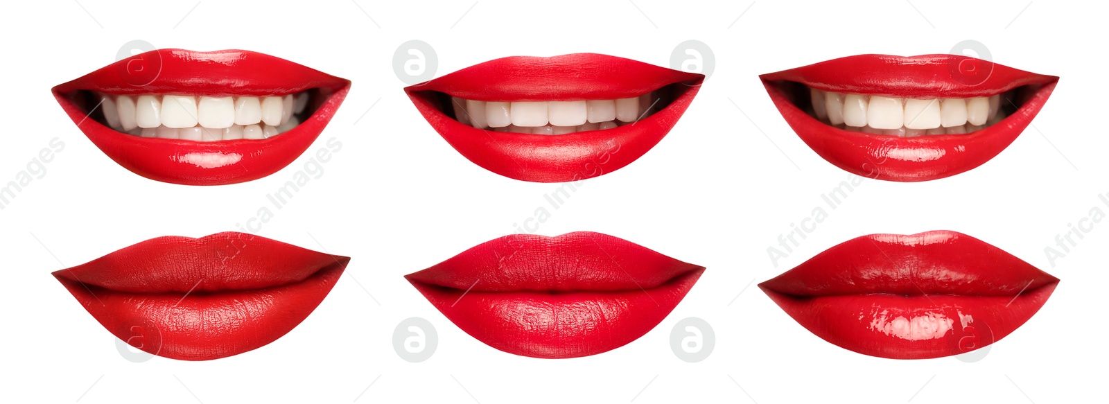 Image of Beautiful female lips with bright makeup on white background, collage of photos