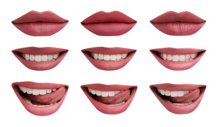Beautiful female lips with bright makeup on white background, collage of photos
