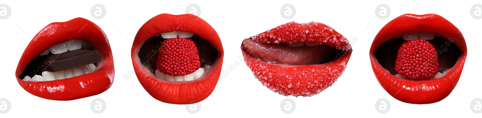Image of Beautiful female lips with bright makeup on white background, collage of photos