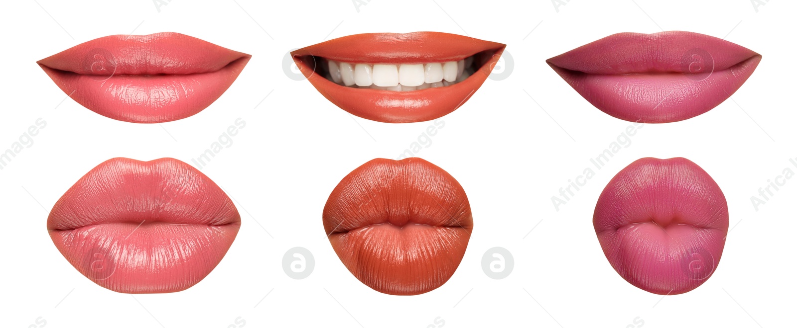 Image of Beautiful female lips with bright makeup on white background, collage of photos