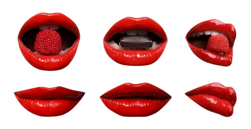 Image of Beautiful female lips with bright makeup on white background, collage of photos