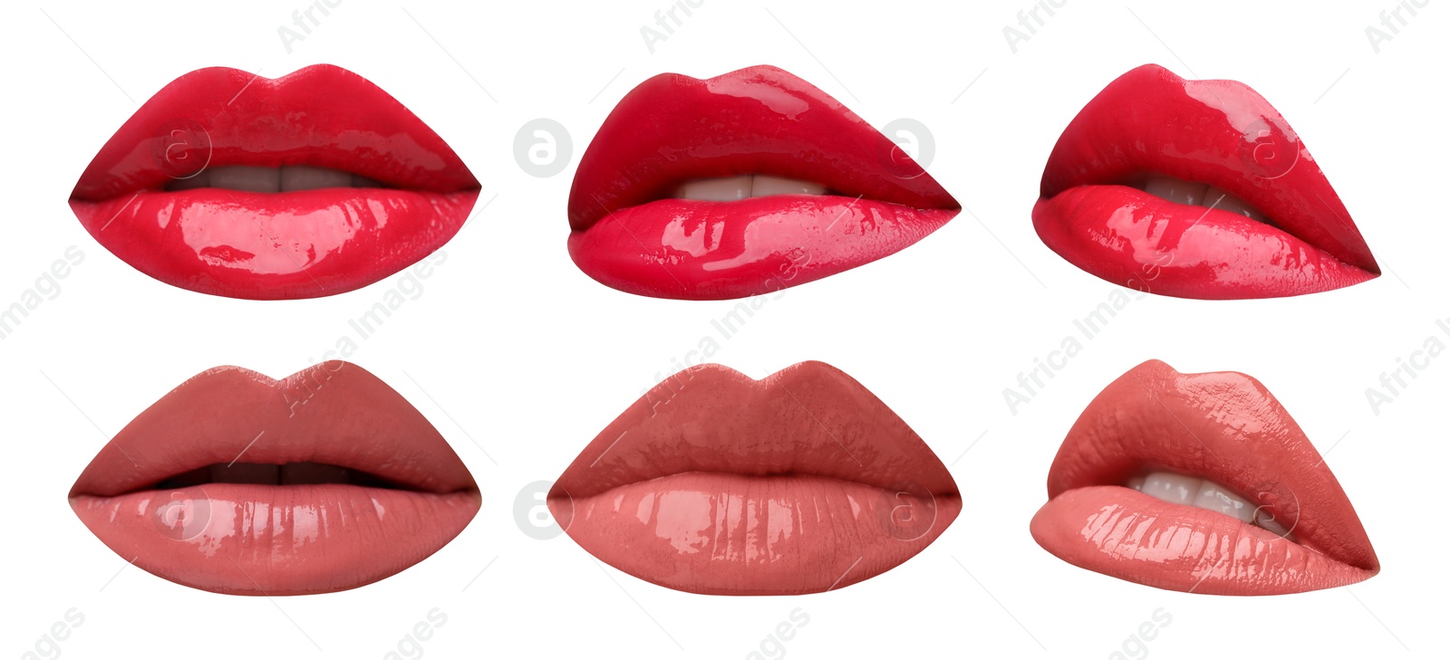 Image of Beautiful female lips with bright makeup on white background, collage of photos