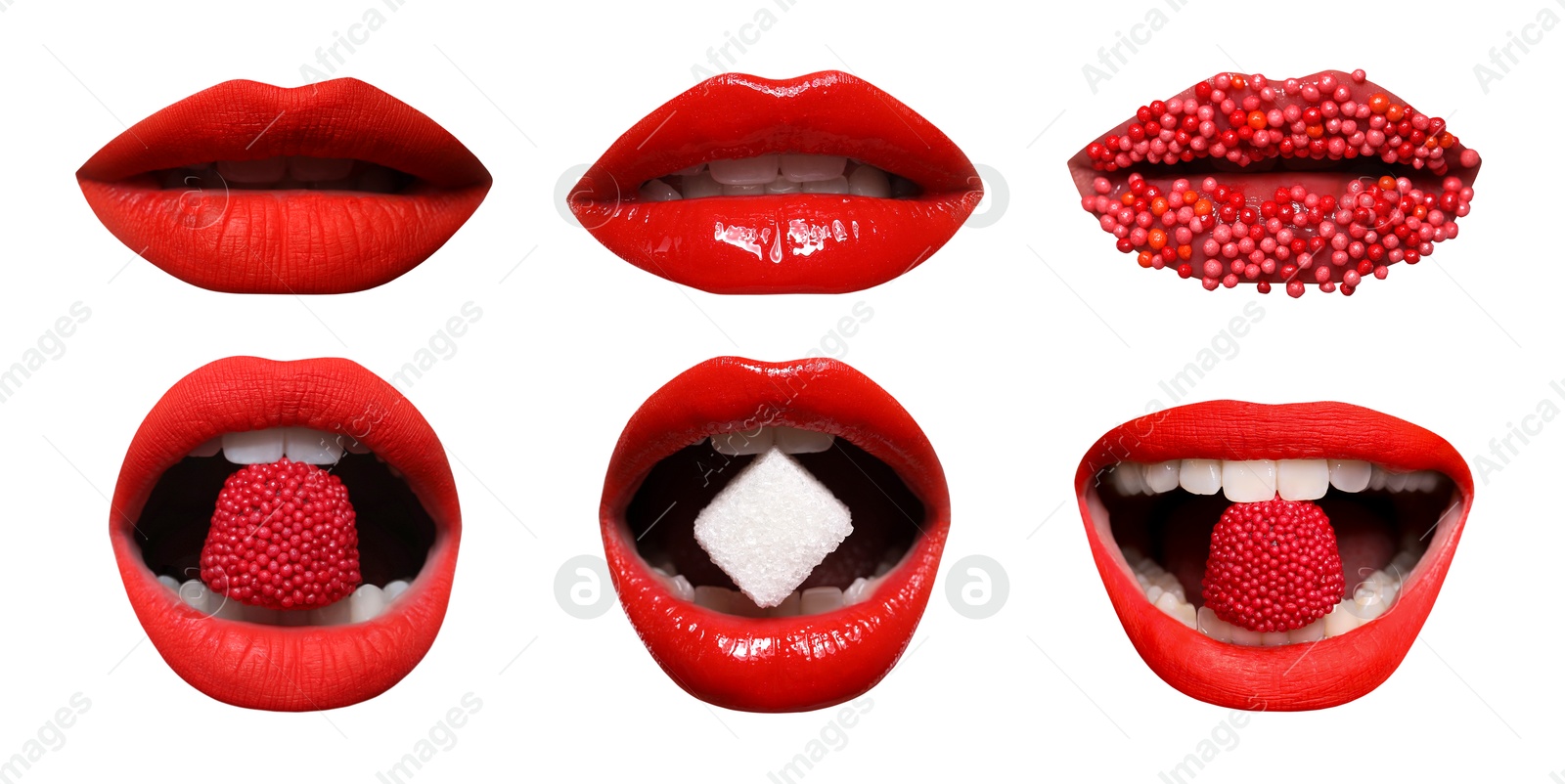 Image of Beautiful female lips with bright makeup on white background, collage of photos