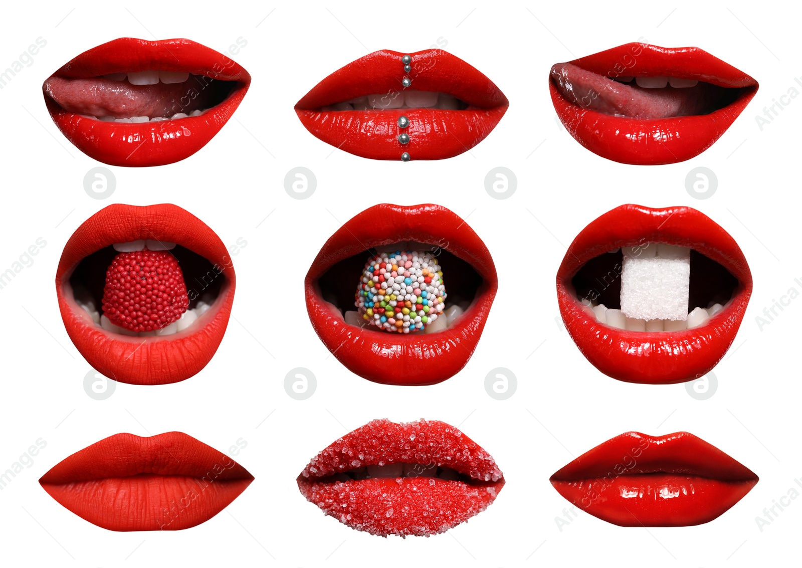 Image of Beautiful female lips with bright makeup on white background, collage of photos