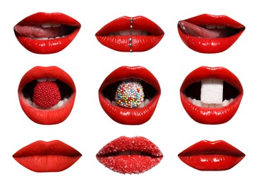 Beautiful female lips with bright makeup on white background, collage of photos