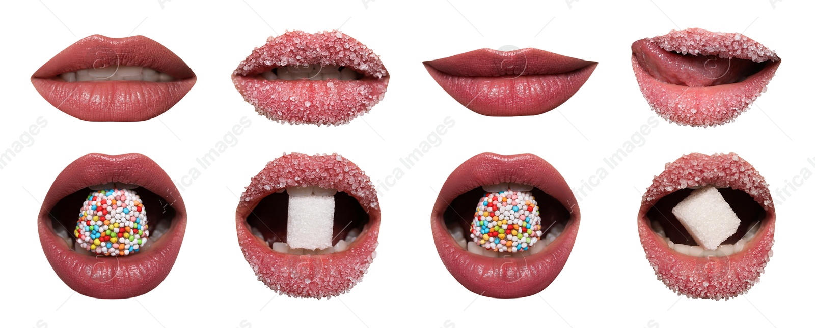 Image of Beautiful female lips with bright makeup on white background, collage of photos