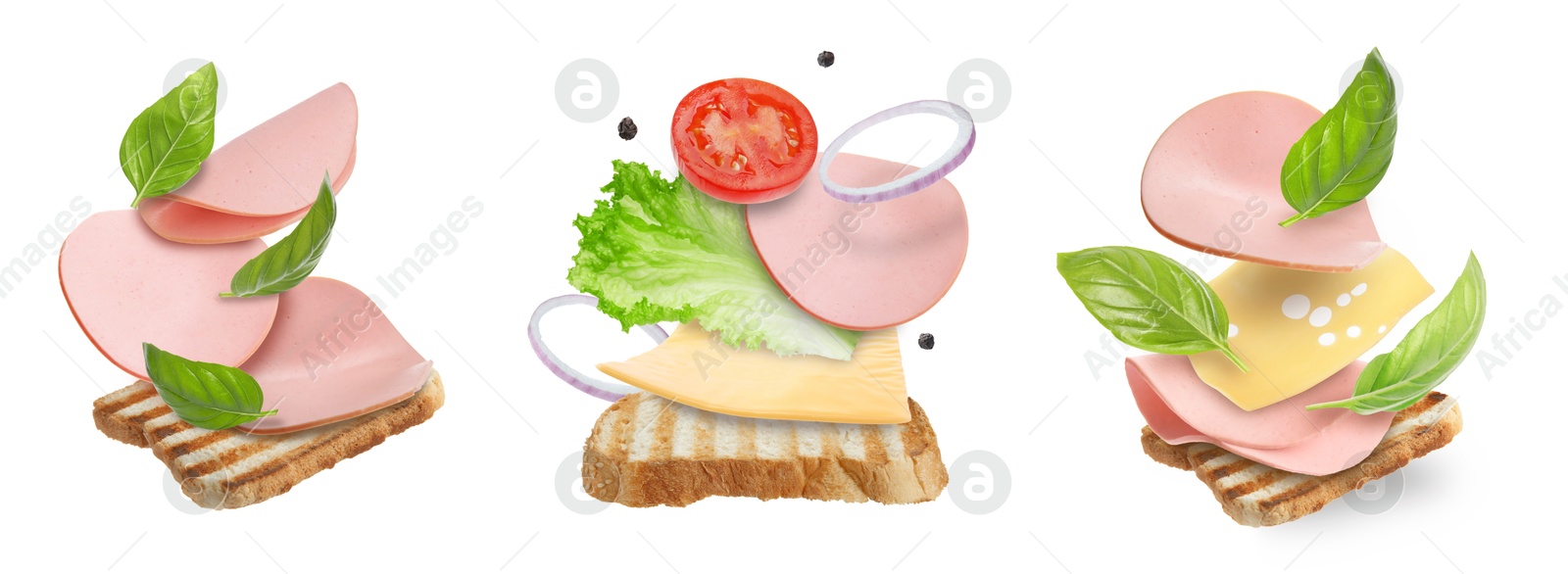 Image of Delicious sandwiches with boiled sausage in air on white background, set