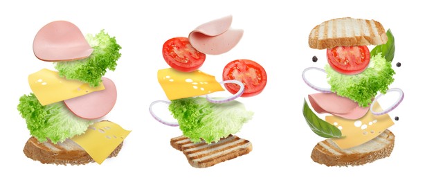 Image of Delicious sandwiches with boiled sausage in air on white background, set