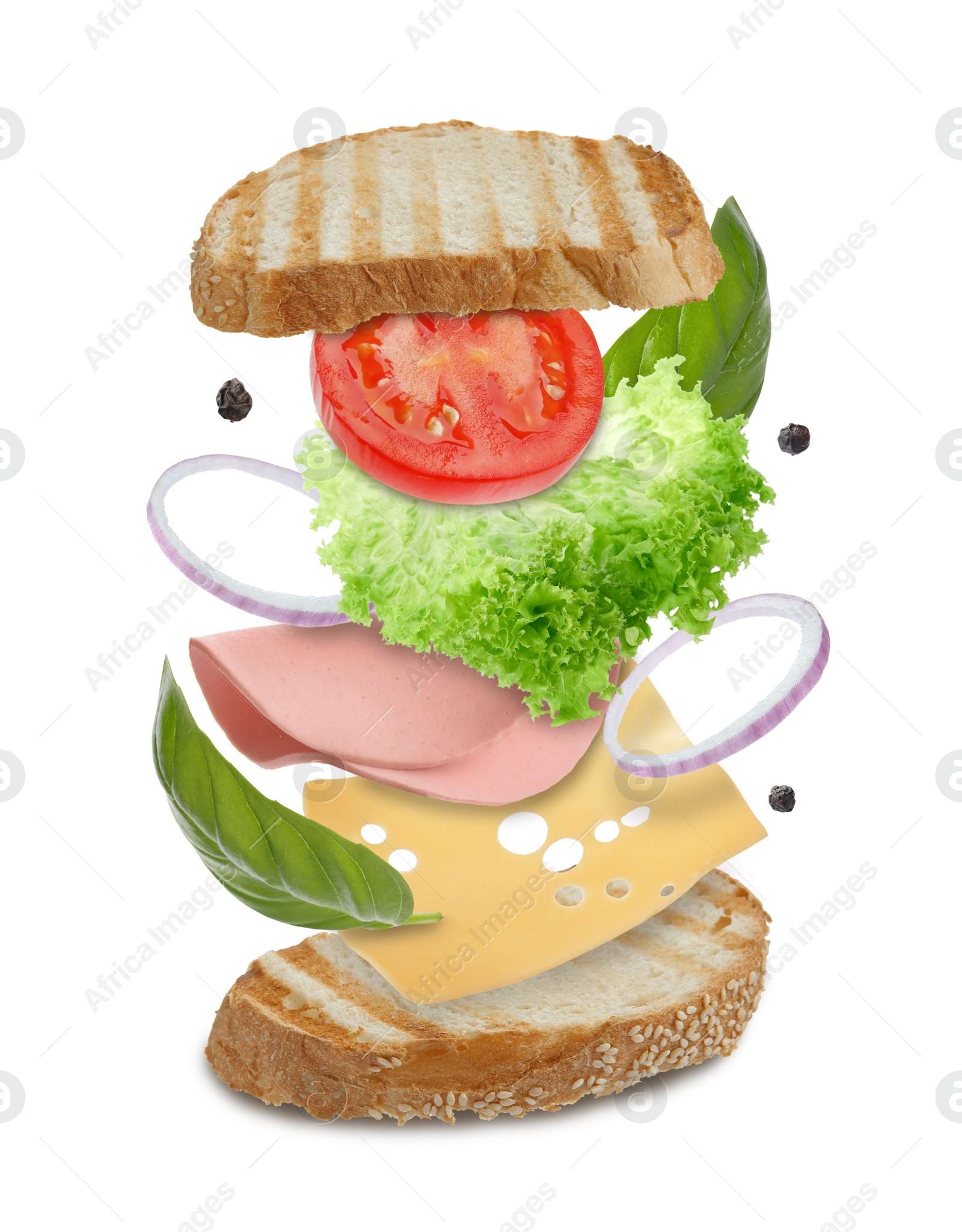 Image of Delicious sandwich with boiled sausage in air on white background