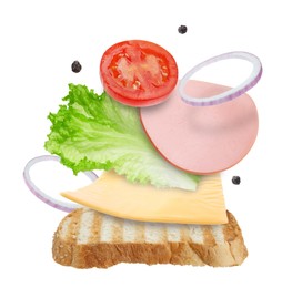 Image of Delicious sandwich with boiled sausage in air on white background