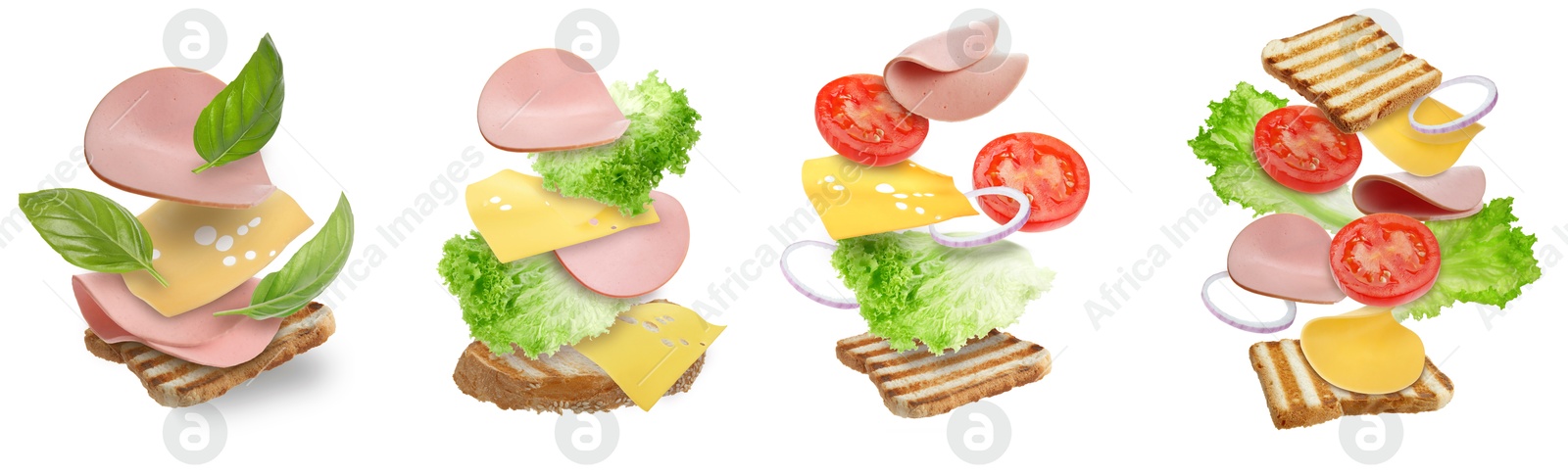 Image of Delicious sandwiches with boiled sausage in air on white background, set