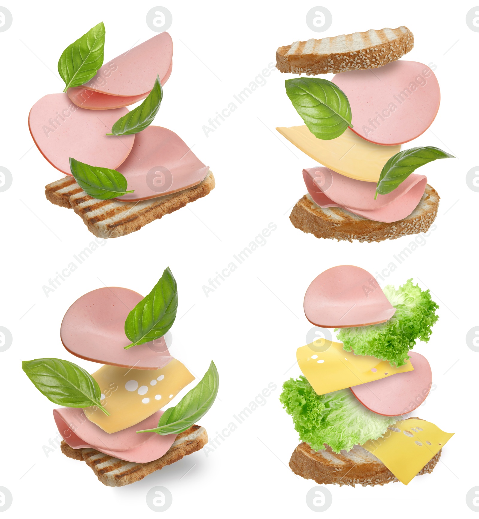 Image of Delicious sandwiches with boiled sausage in air on white background, set