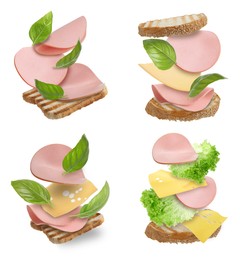 Image of Delicious sandwiches with boiled sausage in air on white background, set