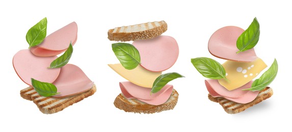 Image of Delicious sandwiches with boiled sausage in air on white background, set