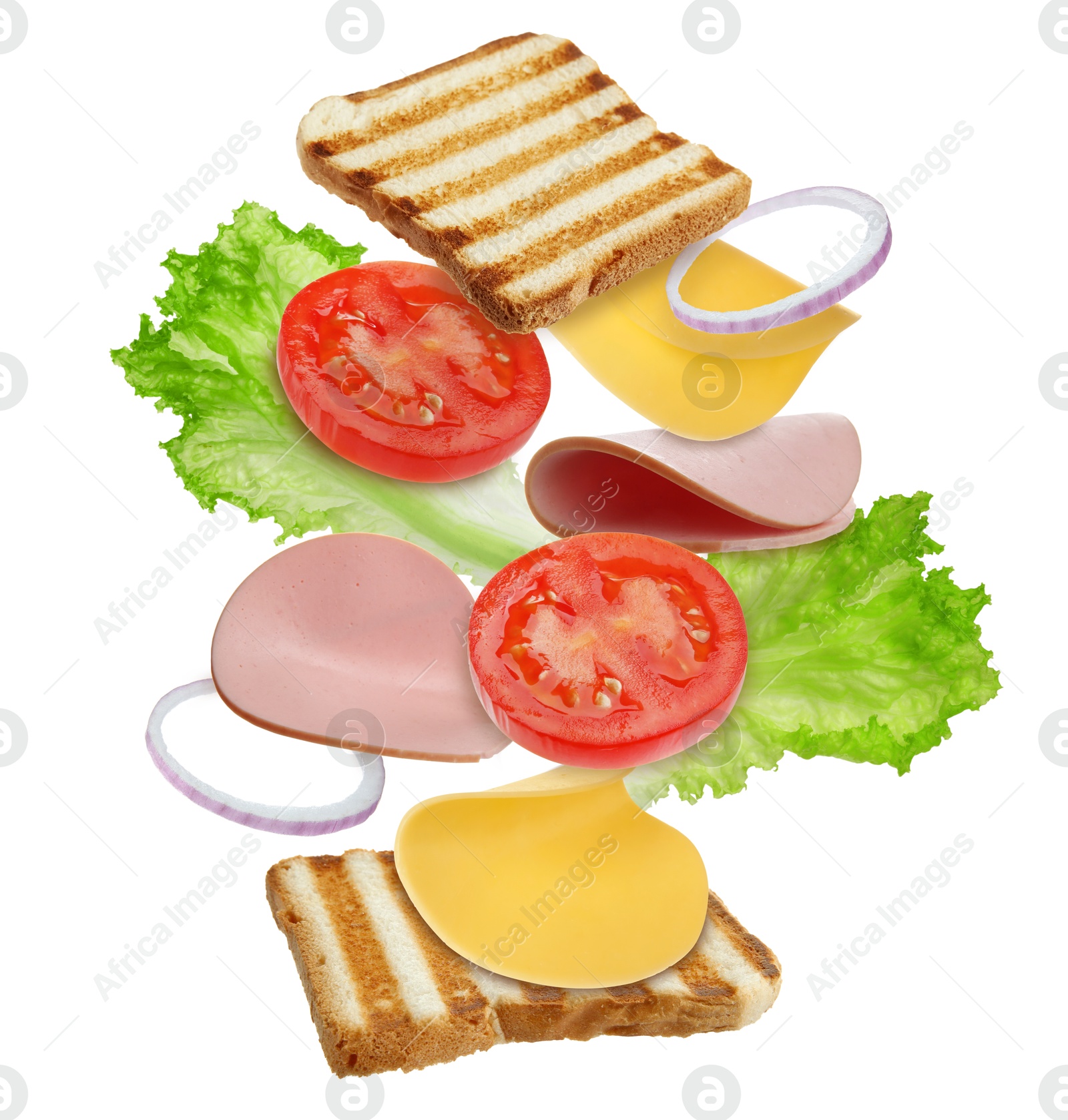 Image of Delicious sandwich with boiled sausage in air on white background