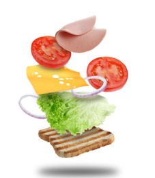 Image of Delicious sandwich with boiled sausage in air on white background