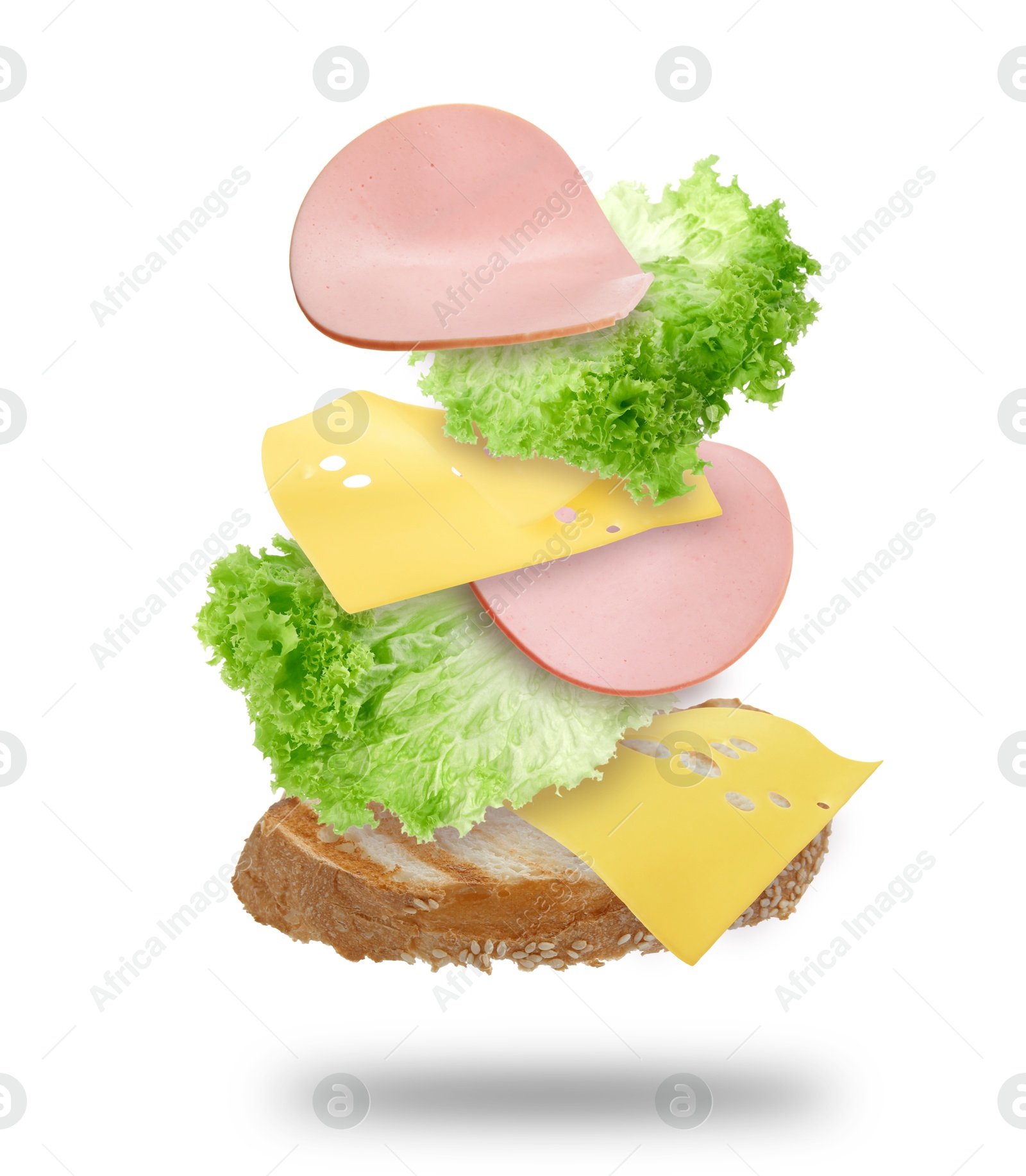 Image of Delicious sandwich with boiled sausage in air on white background