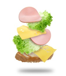 Image of Delicious sandwich with boiled sausage in air on white background