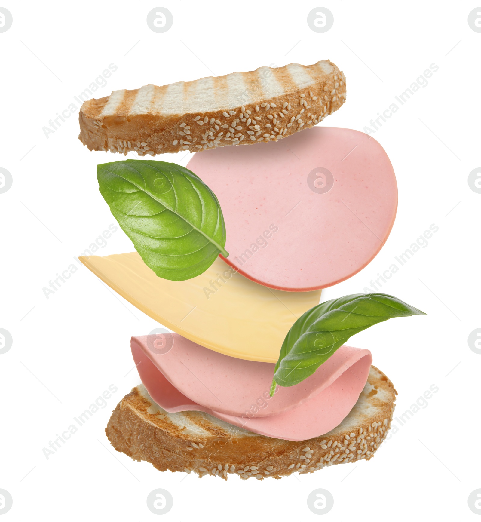 Image of Delicious sandwich with boiled sausage in air on white background