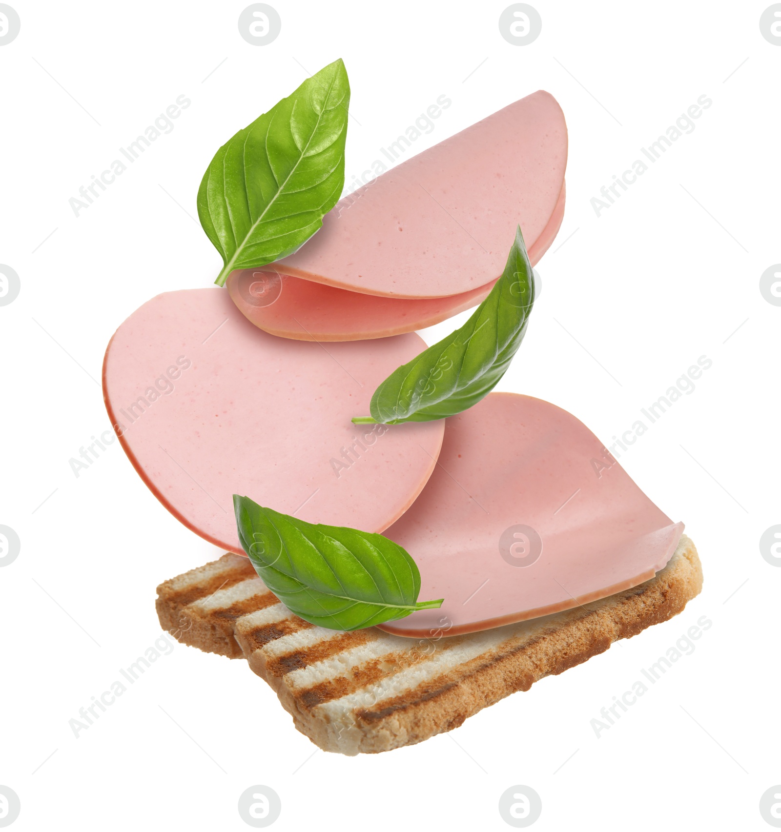 Image of Delicious sandwich with boiled sausage in air on white background