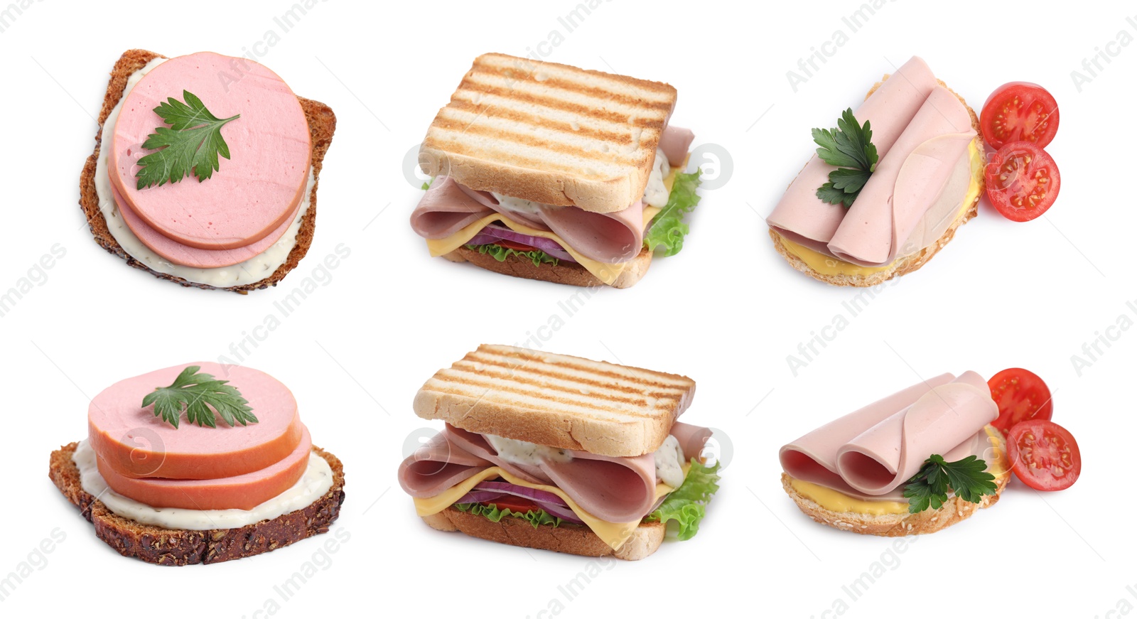 Image of Delicious sandwiches with boiled sausage isolated on white, set