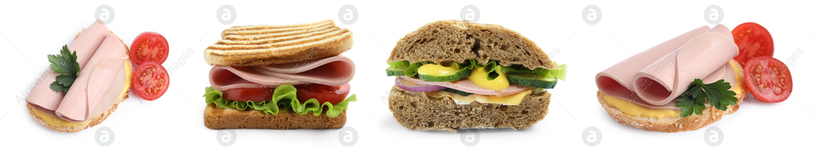 Image of Delicious sandwiches with boiled sausage isolated on white, set