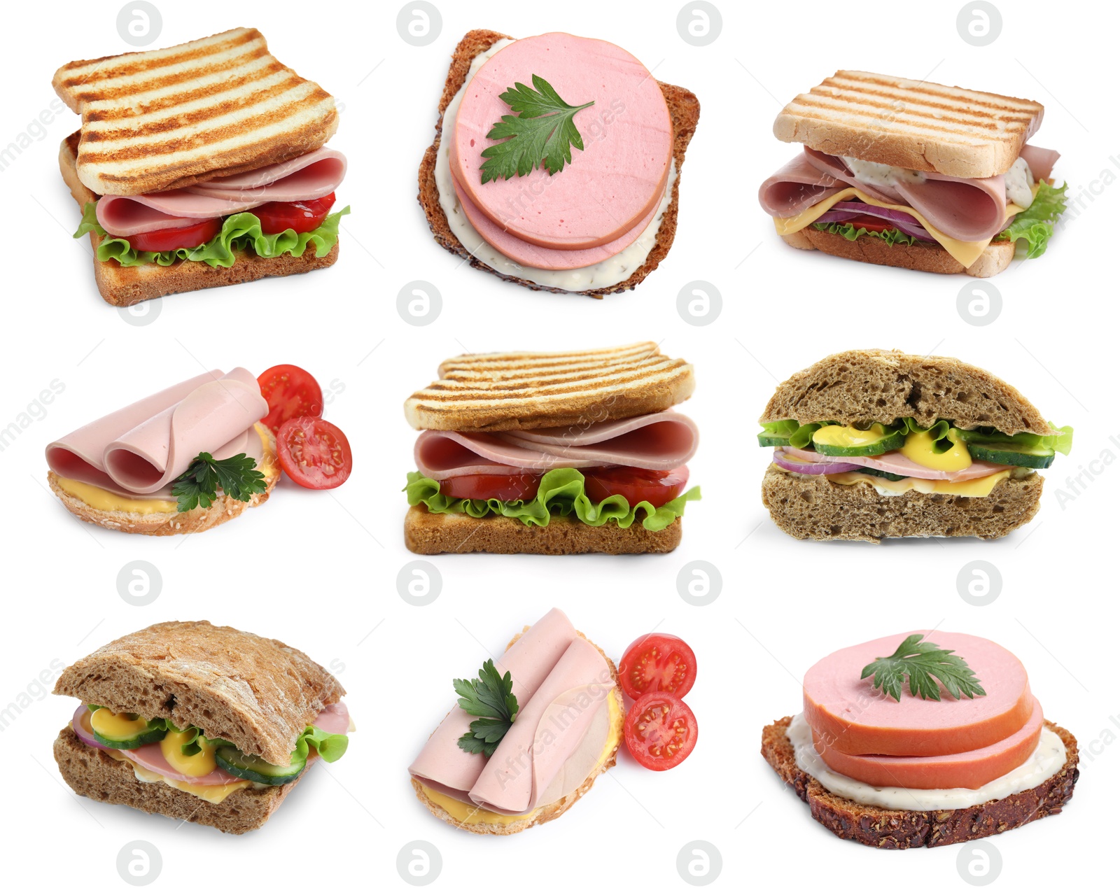 Image of Delicious sandwiches with boiled sausage isolated on white, set