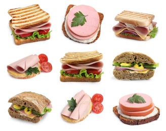 Image of Delicious sandwiches with boiled sausage isolated on white, set