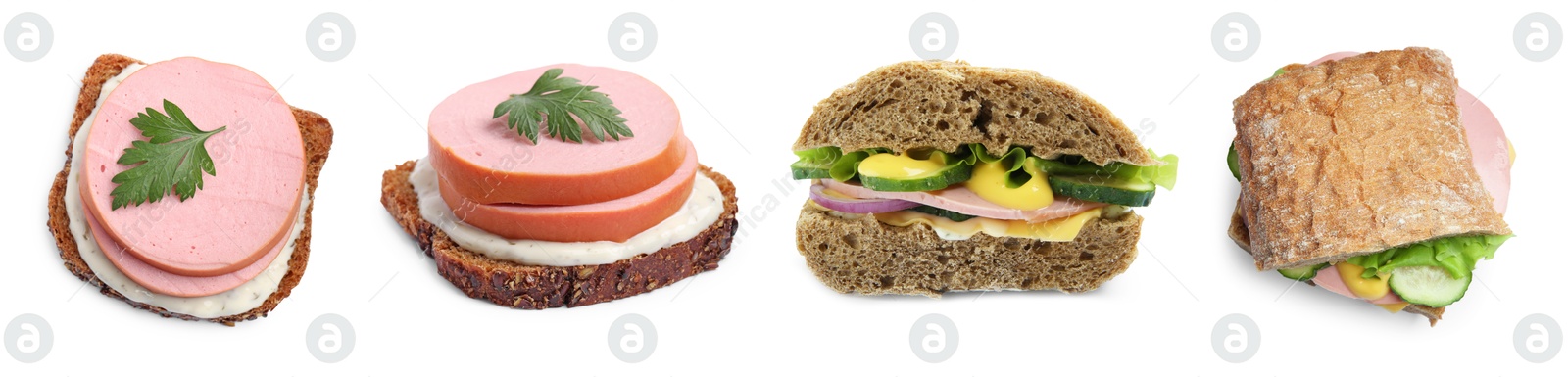 Image of Delicious sandwiches with boiled sausage isolated on white, set