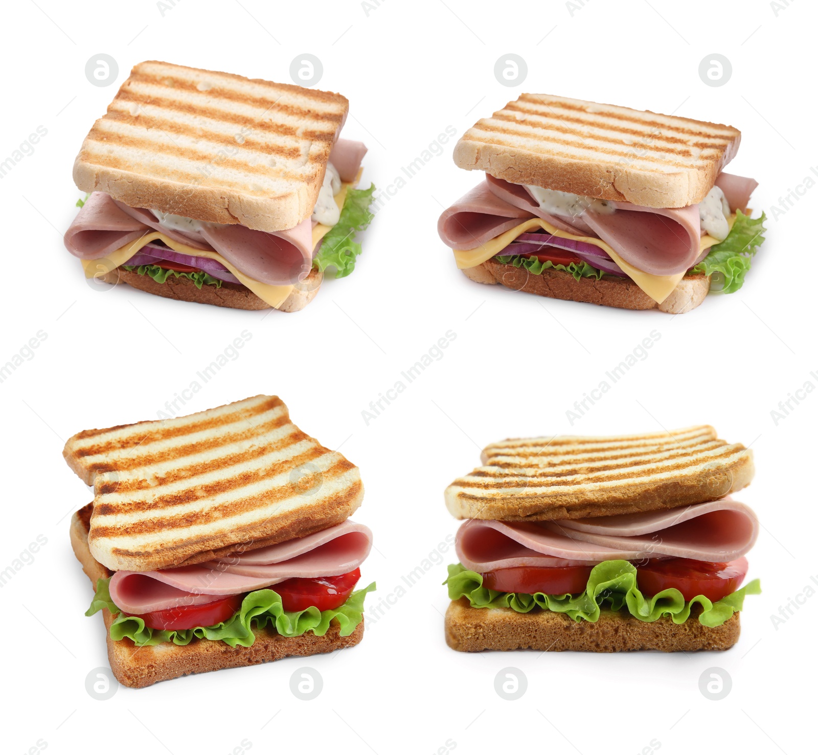 Image of Delicious sandwiches with boiled sausage isolated on white, set