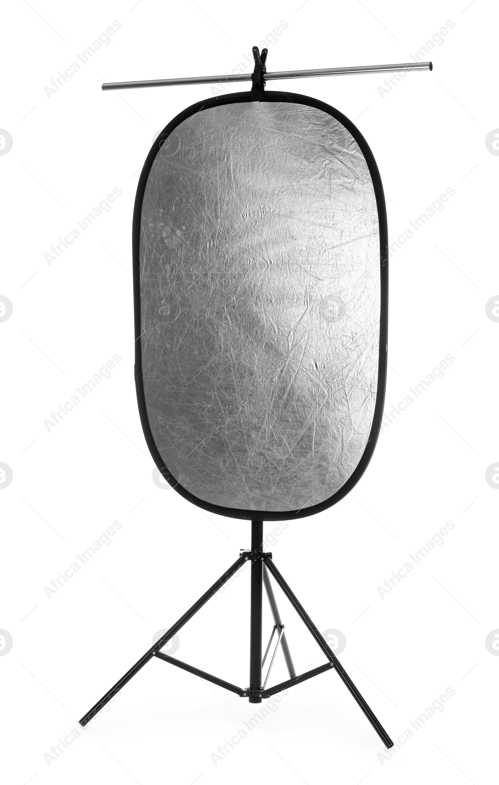 Photo of Stand with reflector isolated on white. Photo studio equipment