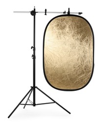 Stand with reflector isolated on white. Photo studio equipment