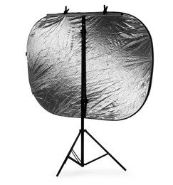 Stand with reflector isolated on white. Photo studio equipment