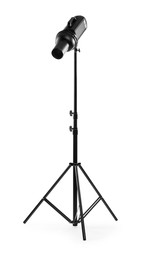 Tripod with spotlight isolated on white. Photo studio equipment