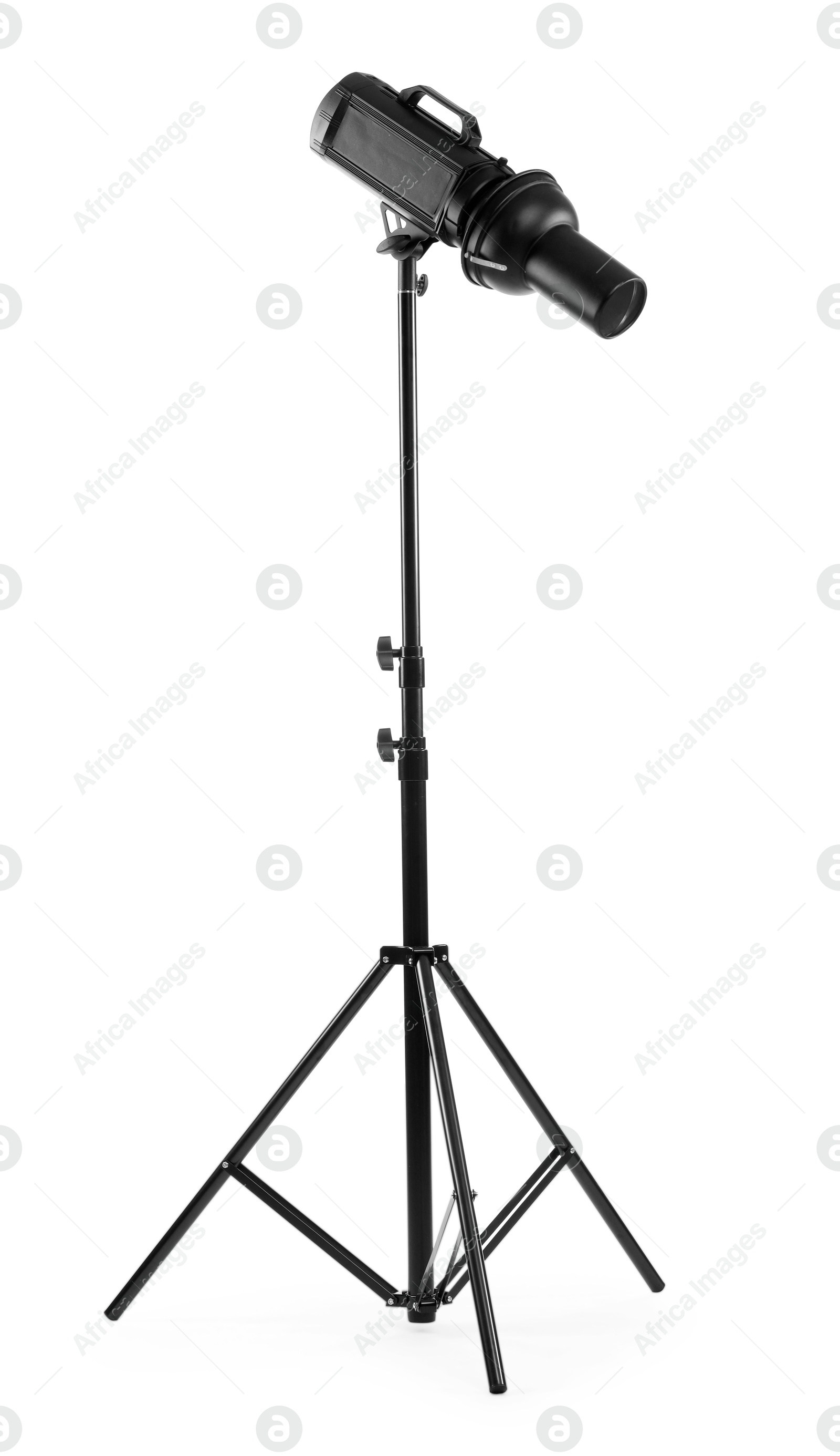 Photo of Tripod with spotlight isolated on white. Photo studio equipment