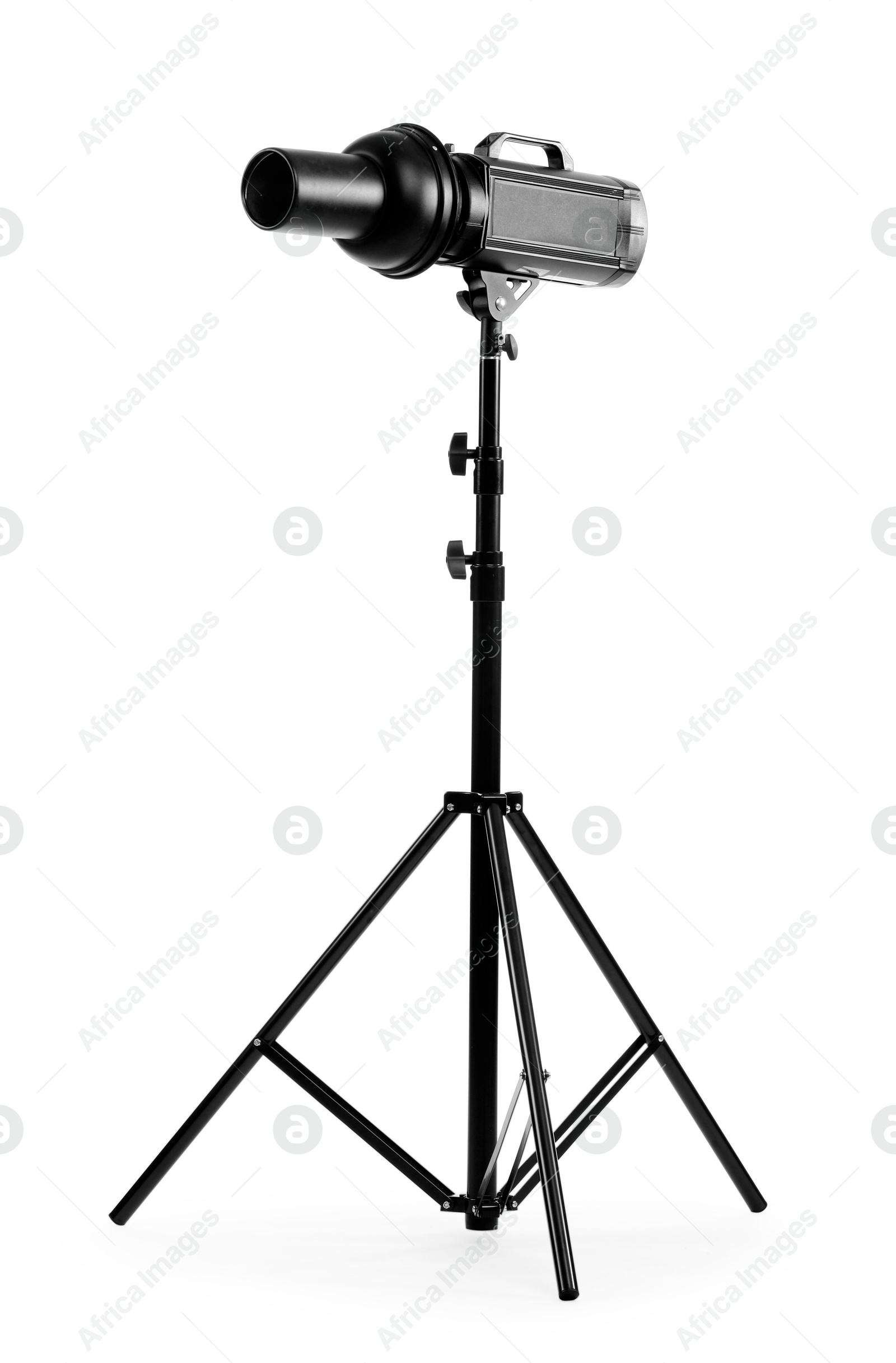 Photo of Tripod with spotlight isolated on white. Photo studio equipment