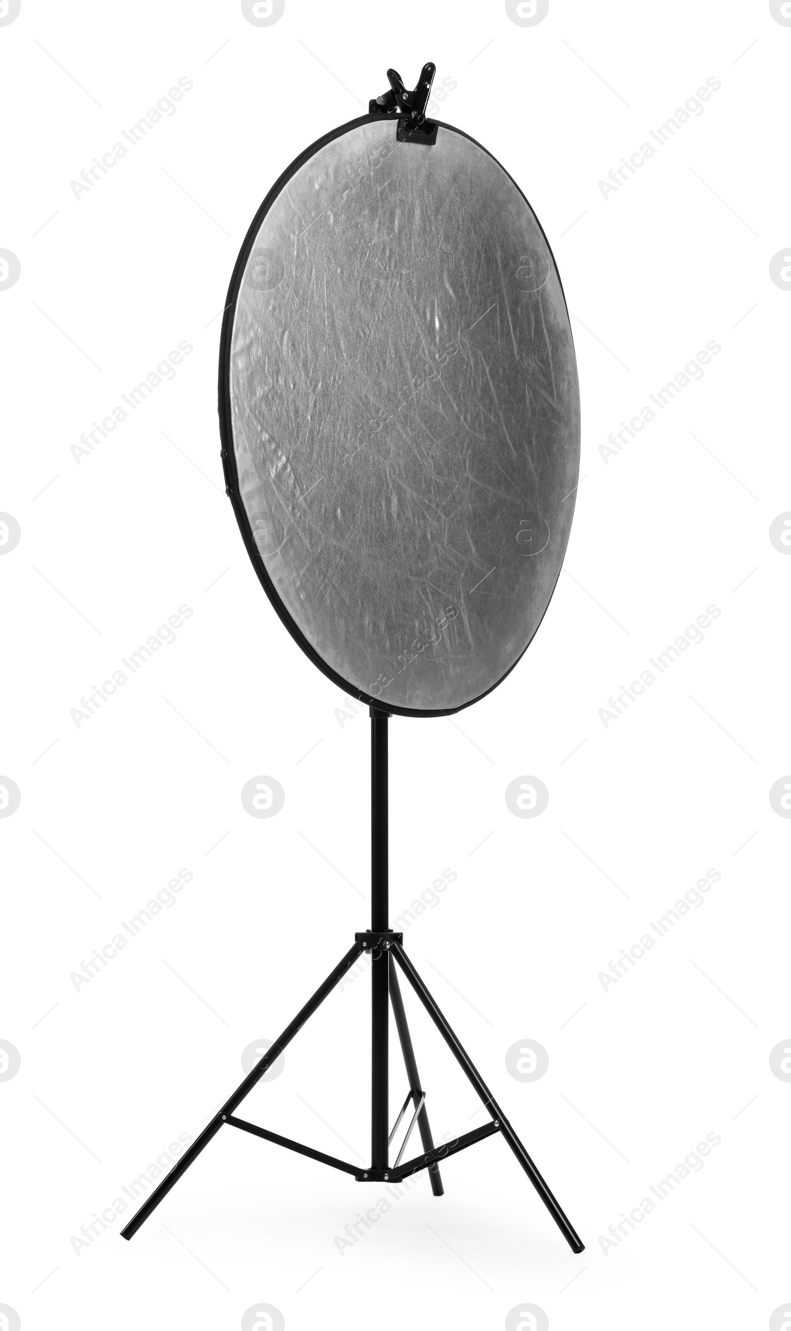 Photo of Stand with reflector isolated on white. Photo studio equipment