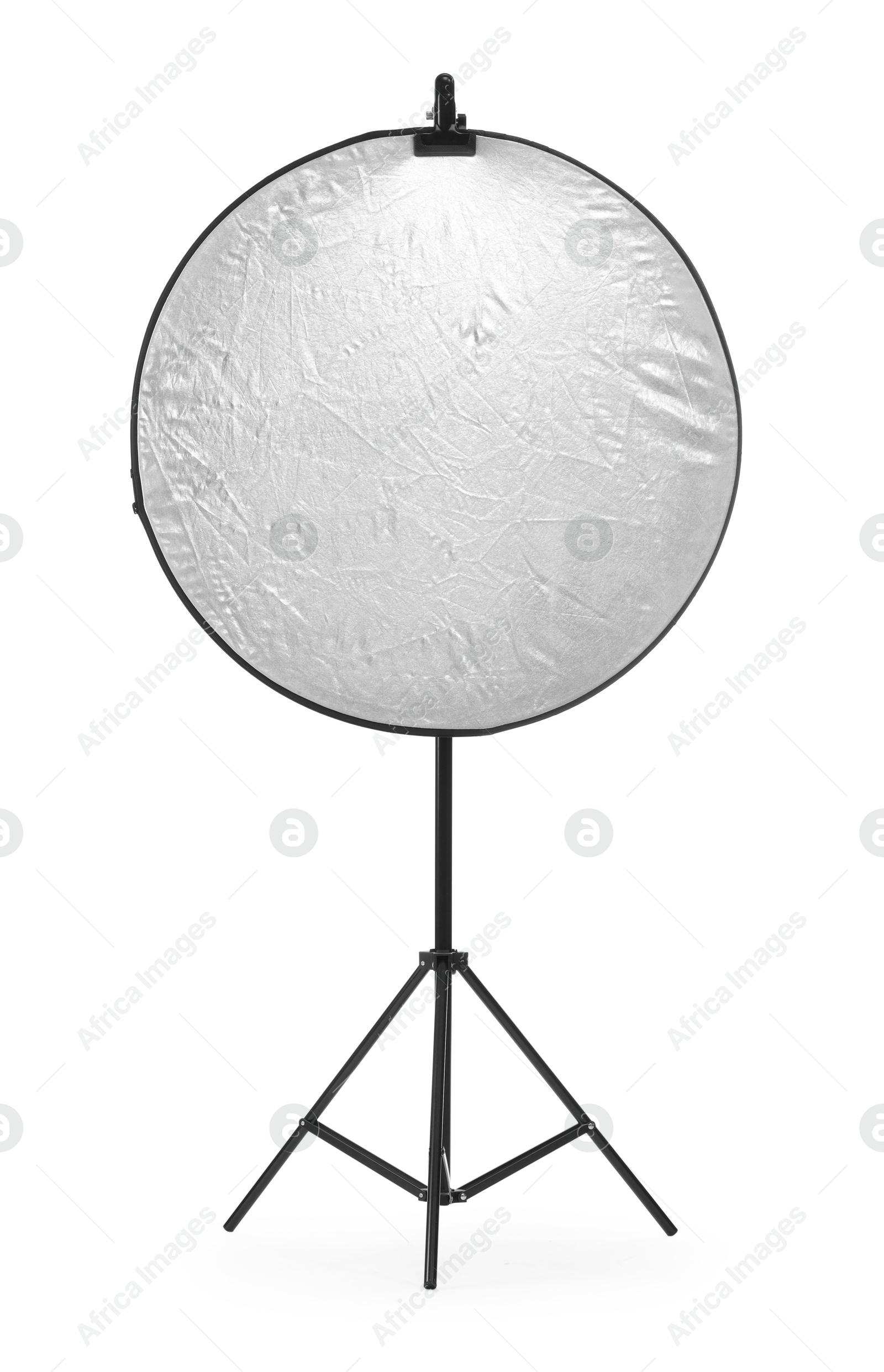 Photo of Stand with reflector isolated on white. Photo studio equipment